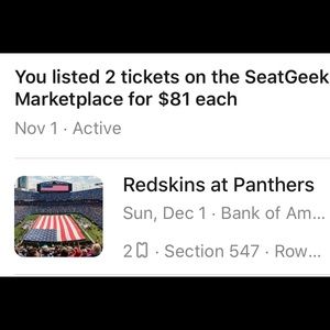 2 Tickets Redskins vs Panthers (in N. Carolina)